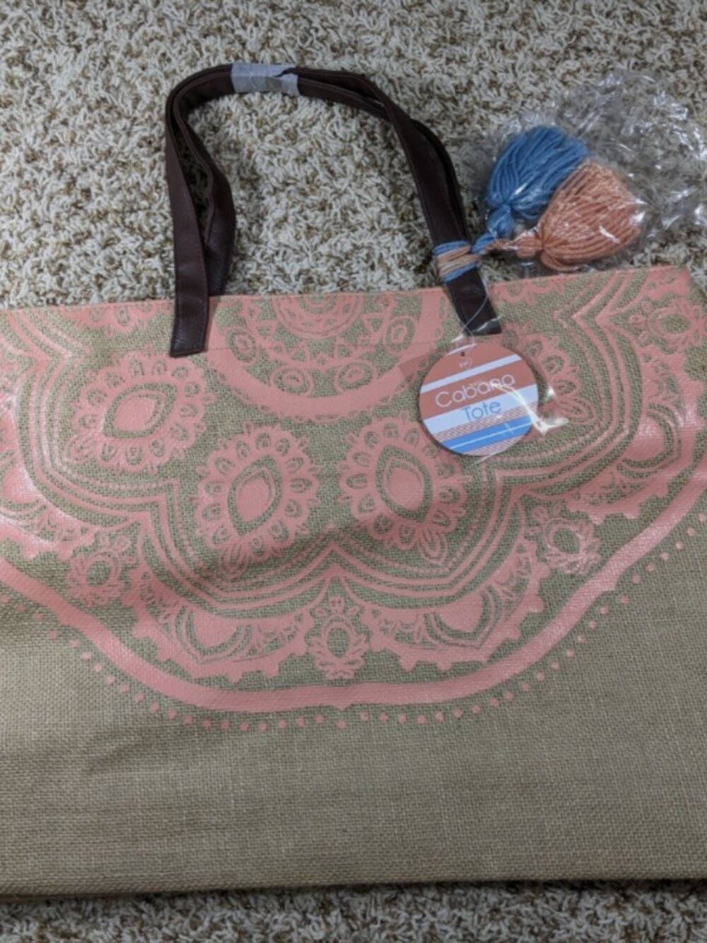 NEW! Ion Jute Beach Pool Bag Coral Mandala Design Shopping Tote Tassel 15x23 NWT